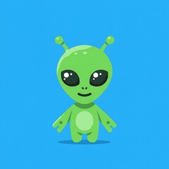 Obraz premium Adorable Green Alien Character with Large Eyes on Vibrant Blue Background
