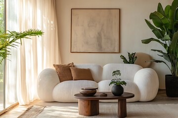 Cozy Interior Cream Sofa, Wooden Table, Neutral Art, Plants and Warm Sunlight