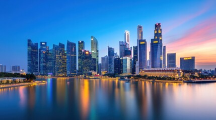 Fototapeta premium Stunning skyline view of modern cityscape at dusk with colorful reflections in tranquil waterfront