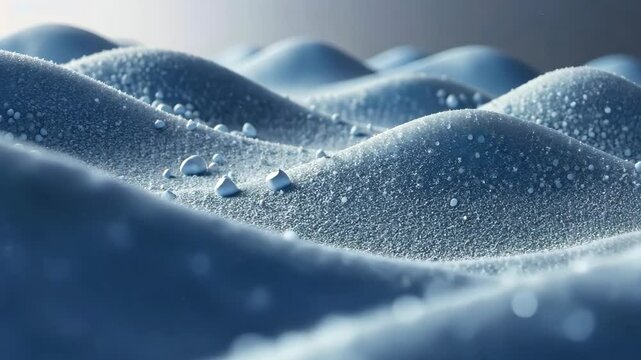 Tiny droplets condense and freeze on rolling hills of powdery snow in a winter wonderland.