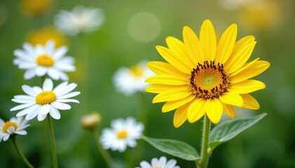 Naklejka premium One bright yellow sunflower among white daisies, design, color, contrast