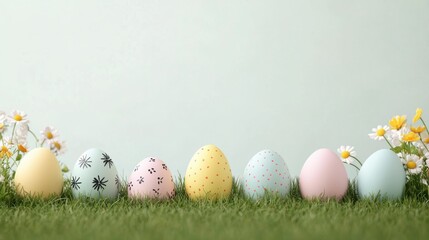 Fototapeta premium A whimsical arrangement of vibrant decorated Easter eggs resting in the lush green grass surrounded by cheerful spring daisies and foliage