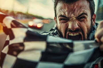 Excited fan celebrating at a racetrack during a thrilling race event