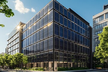 An ultra-modern building with solar panels integrated into its glass facade designed for energy efficiency and sustainability