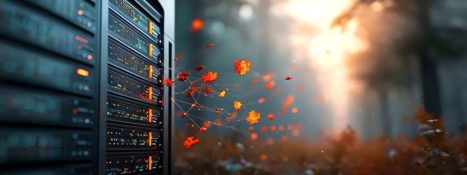 Futuristic of an interconnected server network surrounded by a serene ethereal landscape with glowing circuits and luminescent binary code