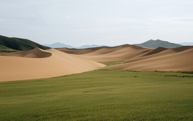 Obraz premium Expansive view of sand dunes meeting a vibrant green field under a bright sky. The color contrast between the tan sand and lush green vegetation is striking. The scene evokes a sense of serene