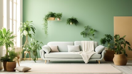Fototapeta premium Green Living Room Decor With Many Plants And A Light Sofa