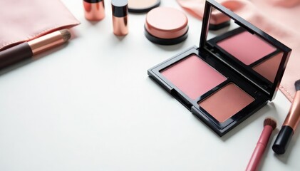 Various makeup items arranged on pristine white surface, makeup, palette, eyeshadow