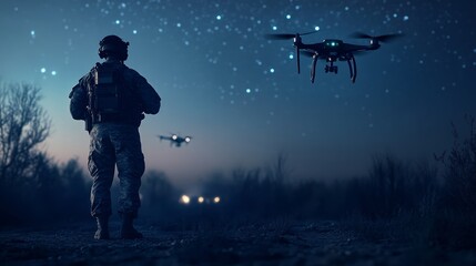 Soldier and surveillance drones in night operation with starry sky