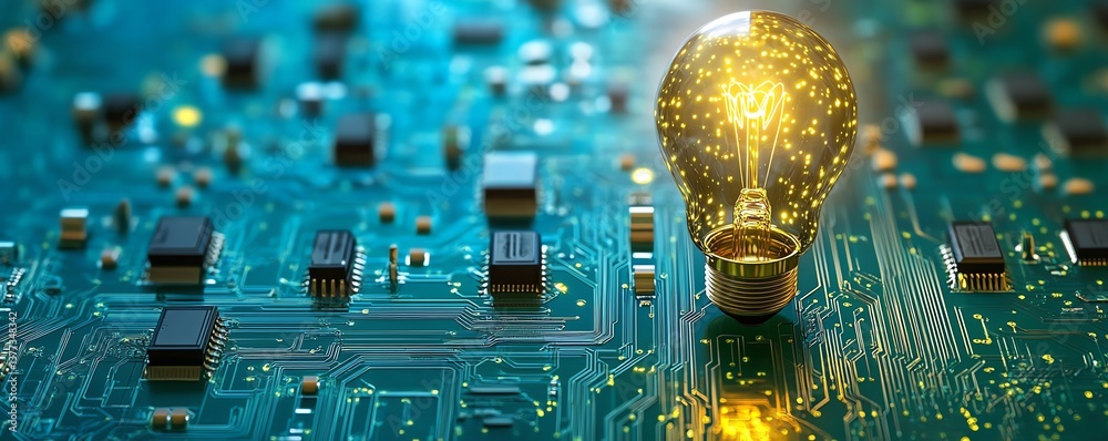Poster A glowing light bulb with digital circuits, representing the fusion of ideas and technology, against a bold blue background, futuristic design, ultradetailed, highresolution