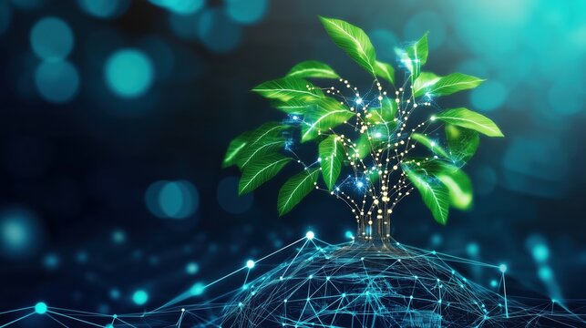 A digital tree with glowing leaves symbolizes technology's connection to nature, portraying growth and innovation in a vibrant, high-tech environment.