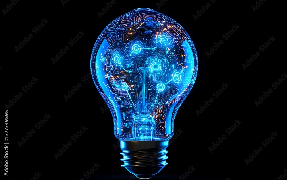 Poster a blue light bulb with digital circuits and aigenerated designs, representing the future of technolo