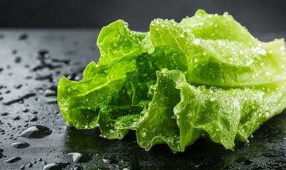 Fresh Green Lettuce with Water Droplets on Dark Background