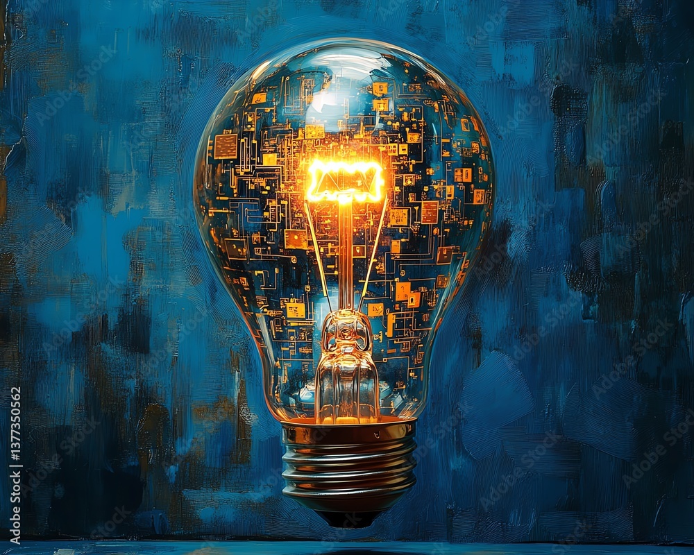 Poster A glowing light bulb with embedded digital circuits, representing technological innovation and bright ideas, set against a blue backdrop, ultradetailed, highresolution