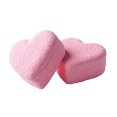 Fototapeta premium Two pink heart-shaped marshmallows isolated on a white background. Sweet and fluffy candy, perfect for Valentine's Day, love, romance, weddings, and dessert-themed designs