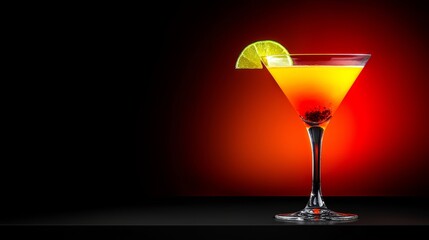Vibrant orange cocktail in martini glass with lime on red gradient background
