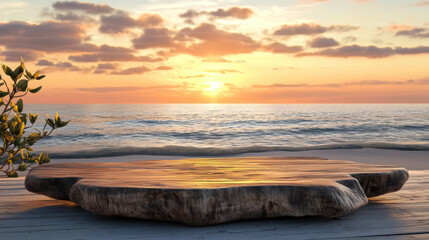 beautiful wooden podium rests on serene beach as sun sets over horizon, casting warm golden hues across tranquil ocean waves. scene evokes sense of peace and natural beauty