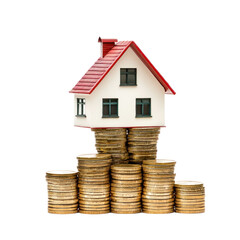 Modern minimature house on stack gold coins isolate on transparent background