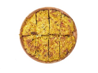 Naklejka premium Fried omelette mix with corn on plate isolated on white background 
