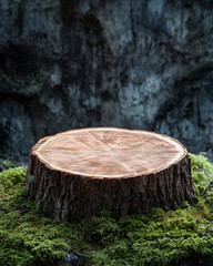 beautiful wooden podium rests on lush green moss, showcasing intricate patterns of wood grain. This natural display highlights beauty of nature and craftsmanship