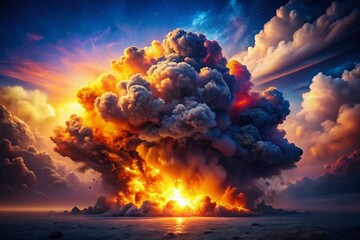 Panoramic Sky View: Powerful Explosion, Dramatic Beauty and Chaos