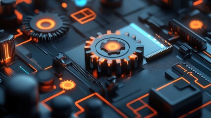 Close-up of a circuit board with gears and electronic components