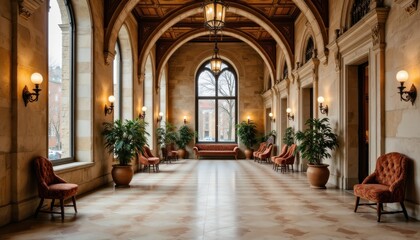 The elegant and spacious interior of the historic building features stunning arches and abundant natural light that creates a warm