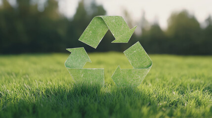 Green recycling symbol field of grass, promoting sustainability