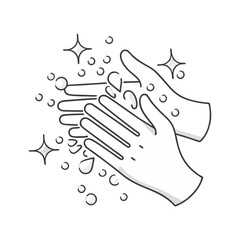 Obraz premium Vector illustration of hands being washed with soap bubbles and sparkles, drawn in a clean black and white outline style promoting hygiene and cleanliness.