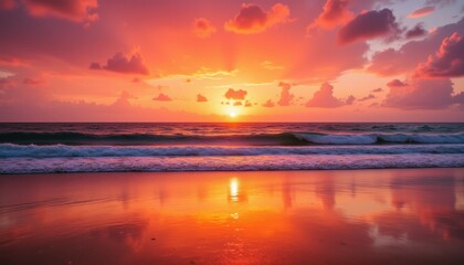 Fototapeta premium The vibrant hues of orange and pink dance across the sky as the sun dips below the horizon
