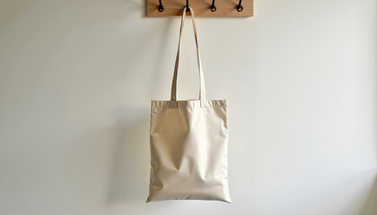 Minimalist tote bag hanging on a hook against a white wall  