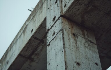 Low-angle view of a weathered concrete structure, showing detailed texture and aged surface. Grey tones and natural lighting highlight the building material