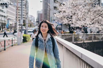 Obraz premium 神田川沿いの桜の街を歩く女性