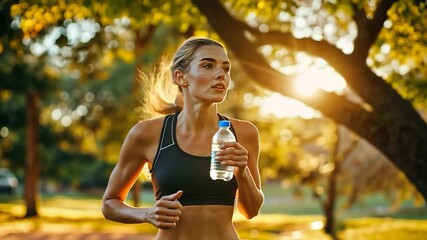 Woman jogging outdoors, hydrating with water bottle