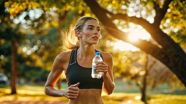 Woman jogging outdoors, hydrating with water bottle