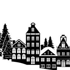Fototapeta premium Winter Village Silhouette Building