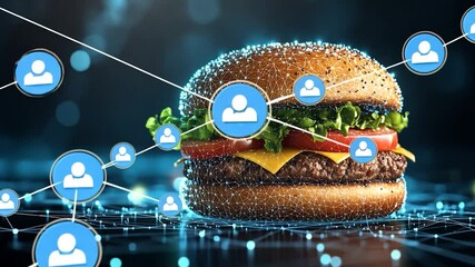 Digital burger with user profiles, showing food tech and consumer engagement - Powered by Adobe