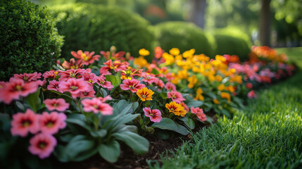 Fototapeta premium A bright spring day with a sunny flowerbed filled with flowers of various colors.