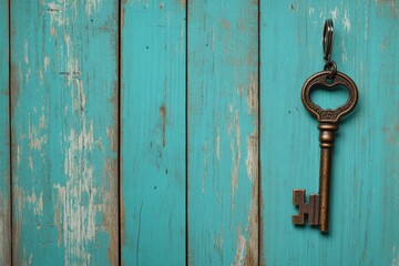 Fototapeta premium Antique key on teal wooden planks