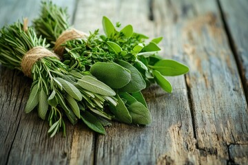 Fresh herb bundles on rustic wooden surface.  A close-up of tied bunches of rosemary, thyme, and sage