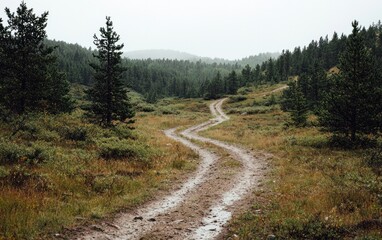 Fototapeta premium Rainy day on a winding dirt road through a green forest. Overcast sky, muddy path, lush vegetation