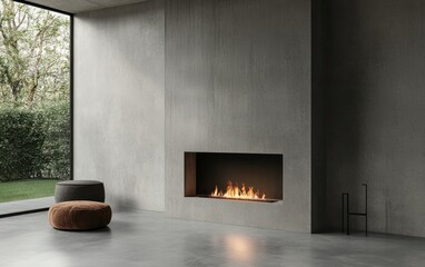 Modern minimalist living room interior with concrete walls, a built-in fireplace, and two round ottomans. Natural light streams in from a large window overlooking a green garden. The overall