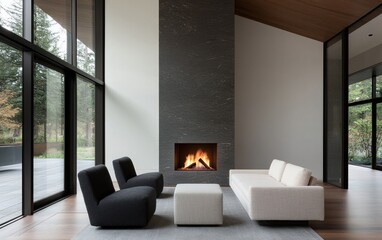 Modern living room with a large fireplace, dark gray stone wall, and off-white sofa and armchairs. Natural light floods the room through large windows showcasing a lush green view
