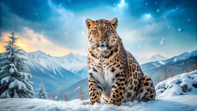 Powerful Far Eastern Leopard in Snowy Landscape: Double Exposure Stock Photo