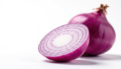 Sliced red onion, showing rings, crisp white backdrop, organic, cooking