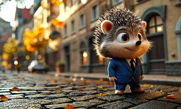 An adorable animated hedgehog in a business suit standing confidently on a cobblestone street.