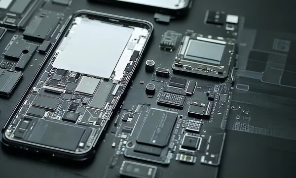 Exploded phone revealing its interior components on a dark surface