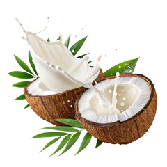 A fresh coconut with a splash of milk and natural tropical appeal on a transparent background