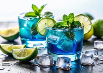 Refreshing Blue Curacao Cocktail with Lime & Mint Garnish