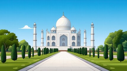 Fototapeta premium Digital Illustration of Magnificent Taj Mahal Surrounded by Lush Greenery and Clear Blue Sky